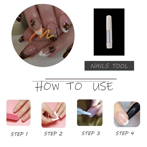 MISUD Press on Nails - Medium Almond Fake Nails with Brown French Tip, Acrylic Flower Tortoise Shell Design 24 pcs - color: 11225Brown