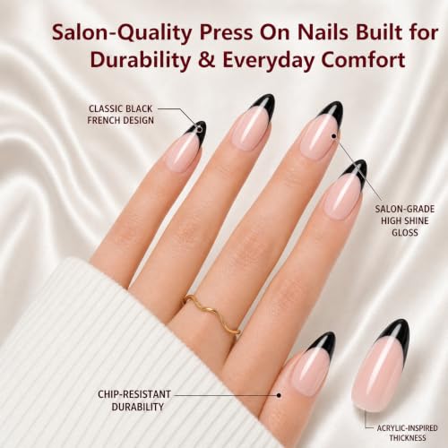 30Pcs Black French Tip Press On Nails, Soft Gel Almond Nails - color: Various colors