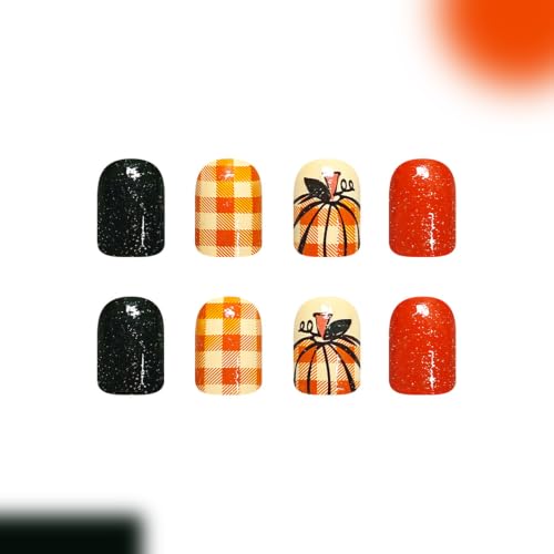 Fall Short Square Press On Nails Orange Green Fake Nail With Pumpkin Design - color: fallnails18