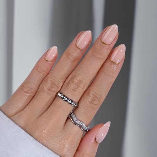 BTArtbox Press On Nails, Almond Short Nude Fake Nails, 32Pcs Full Kit - color: A-Gold End