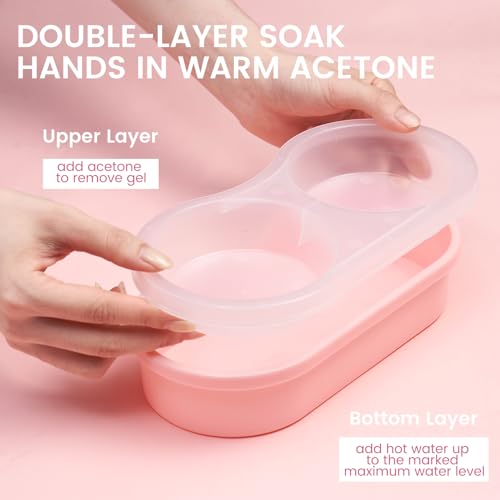 Dual Nail Soaking Bowl for Both Hands, Acetone-Proof Manicure Soak Bowl Kit - color: D3-Pink Large Soaking Area