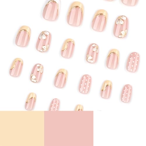 Short Oval Press On Nails Nude Pink, Yellow French Tip Fake Nails with Hand Painted Flower and Gold Outline, Cute Polka Dot Glossy Stick On Nails Reusable Full Cover False Nails for Women - color: Golden thread flower