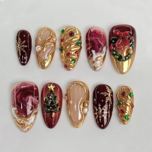 30Pcs Christmas Press on Nails Medium Almond 3D Chrome Gold Fake Nails - color: Winter Christmas Nails-21