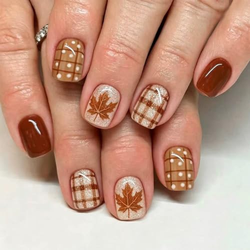 Fall Press on Nails Short Square Brown Plaid Maple Leaf Polka Dot - color: Style-27