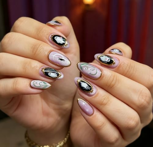 30Pcs Halloween Press on Nails Almond Medium Fake Nails Magic Mirror Ghost False Nails Cute Little Ghost Full Cover Glossy Artificial Acrylic Fingernails Skull Stick on Nails for Women Nail Art DIY - color: Ghost Moon Cat Style