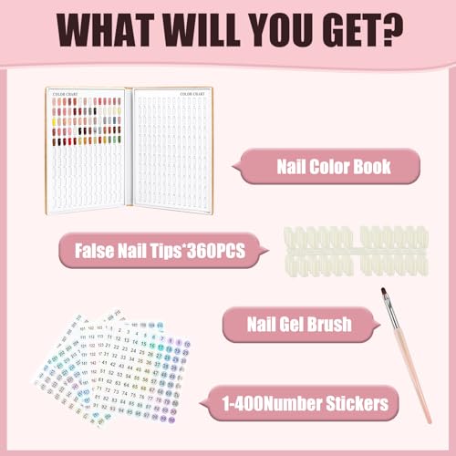 308 Nail Colors Chart with 360 Nail Tips Professional Nail Swatches Book Nail Gel Polish Display Card Book with Gel Nail Brush and Number Sticker for Nail Salons (Gold, one size) - color: Gold