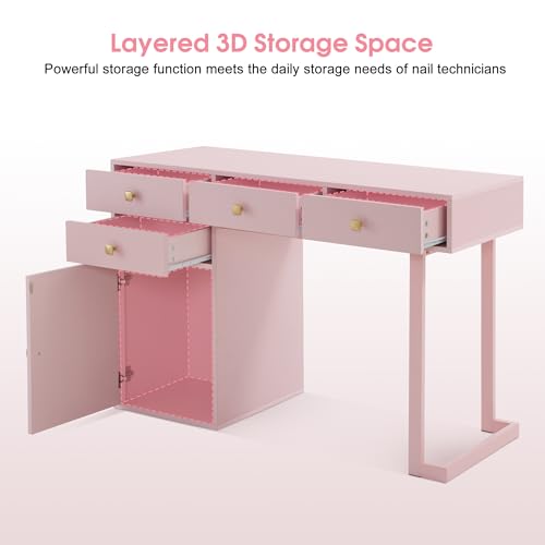 BarberPub Beauty Manicure Table with Storage Drawers, Nail Salon Desk for Nail Tech, Makeup Station with Round Handles, Beauty Equipment with Display Open Space 2990 (Pink) - color: Pink