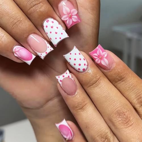 Flower Press on Nails Medium Sqaure with Spot Fench Tip Design - color: Pink White