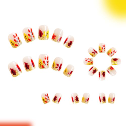 Maple Press on Nails Short Square Fake Nails with Glitter Designs Fall Brown Orange Nails Press ons Glossy Glue on Nails Autumn False Nails Artificial Stick on Nails for Women 24Pcs - color: 2