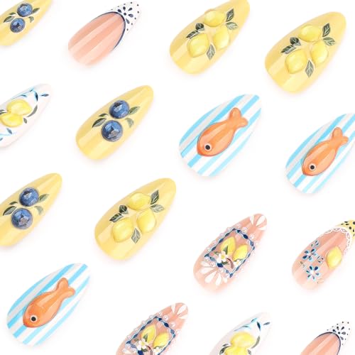 Medium Almond Press On Nails, 3D Lemon Blueberry Fake Nails, 24PCS - color: 099-Lemon Coast