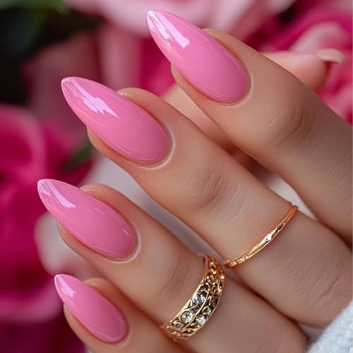 Pink Acrylic Press on Nails Almond Shaped Medium Fake Nails - color: 13-Pure Pink