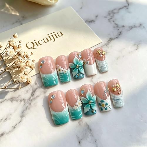 Square Medium Handmade Press on Nails - Light Blue French Tip False Nails with 3D Flower Designs Fake Nails Luxury Reusable Acrylic Stick on Nails for Women 10Pcs (Size M) - color: style1