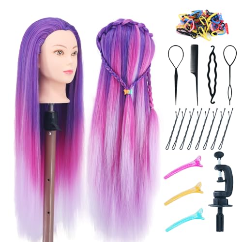 Mannequin Head with Hair, 29'' Manikin Cosmetology Doll Head with hair - color: Mixed Purple