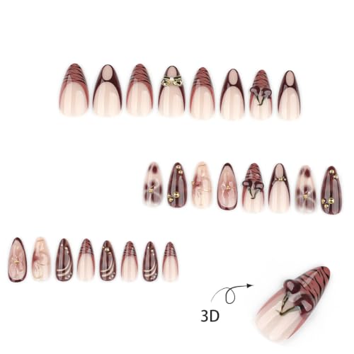 Fall Brown Press on Nails Medium Almond - Tortoise & 3D Cherry - color: D-49