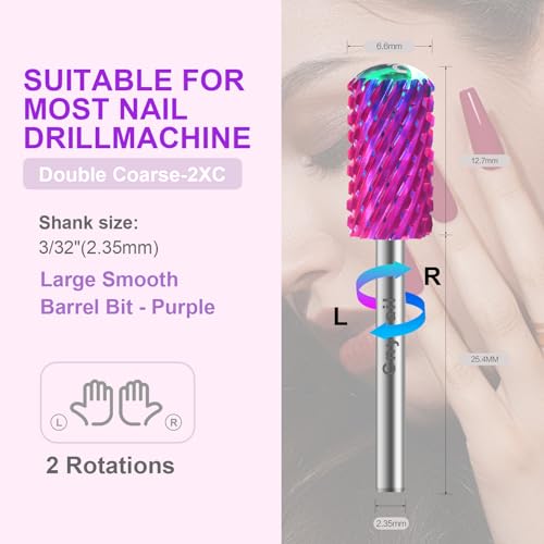3/32" 2PCS Large Round Barrel Safety Nail Drill Bit for Gel Acrylic Removal - color: Purple-2PCS, size: 2XC