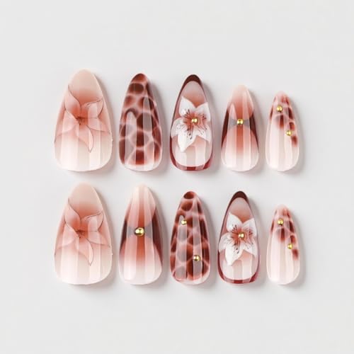 Brown Flower Press On Nails Medium Almond Fake Nails Floral False Nails With Gold Pearl Design Reusable Acrylic Nails Press Ons Full Cover Glossy Glue On Nails For Women Manicure 24Pcs - color: Design-26