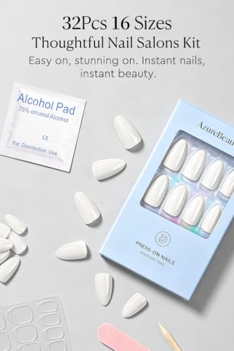 AzureBeauty Short Almond Press On Nails, Pink White, 32 Pcs 16 Sizes - color: B-Pink White