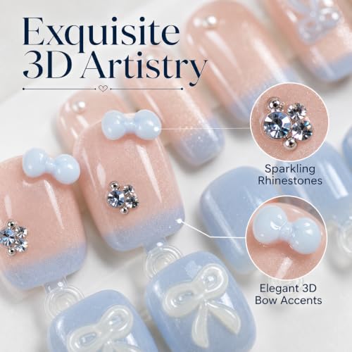 54pcs Light Blue French Tip Press on Nails and Toenails Set, 3D Ribbon Bows & Pearls Fake Nails, Shimmer Nude False Nails Square Shape, Cute Coquette Aesthetic DIY Manicure Kit for Women - color: Light Blue French