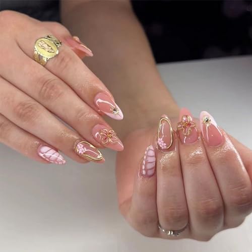 Nude French Tip Press on Nails Almond Medium 3D Flower Fake Nails - color: 14-Pink