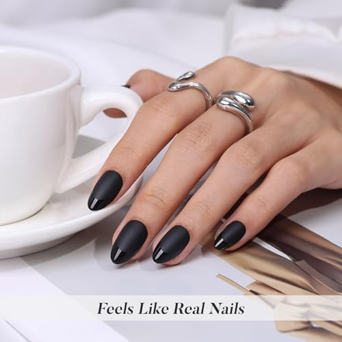 SHANGMENG Halloween Press on Nails, Almond Short Matte Black French Nails - color: Matte Black