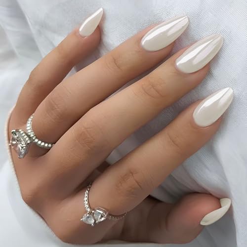 Chrome White Acrylic Press on Nails Almond Medium Fake Nails - color: 07-Chrome White