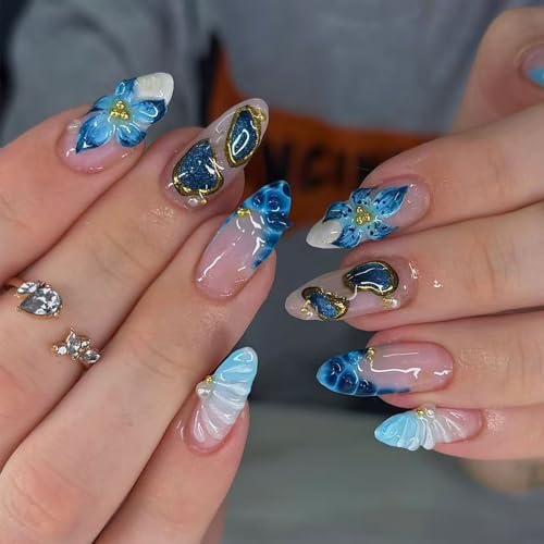 Summer Press On Nails Medium Almond Fake Nails French False Nails With Blue Floral Gold Pearl Design Reusable Acrylic Nail Press Ons Glossy Stick On Nails Full Cover For Women Manicure 24Pcs - color: Design-18