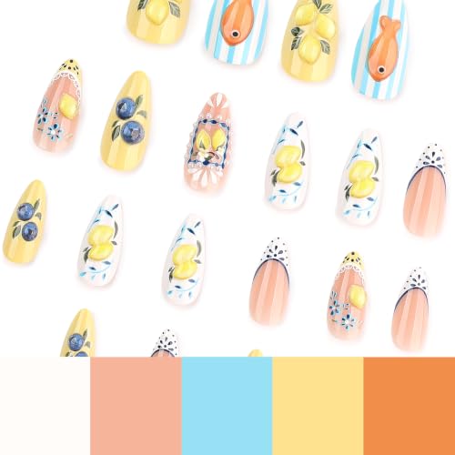Medium Almond Press On Nails, 3D Lemon Blueberry Fake Nails, 24PCS - color: 099-Lemon Coast