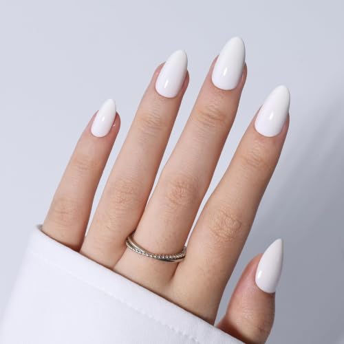 White Short Almond Press On Nails Pure White Glossy Fake Nails - color: B3-White