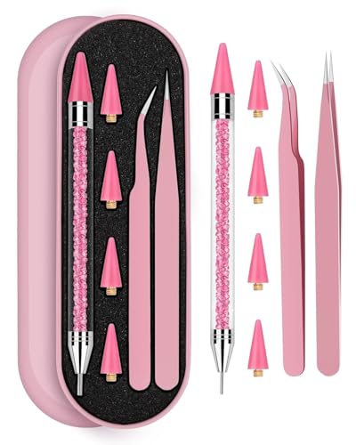 Rhinestone Picker Tool Set,Rhinestone Applicator Tool,Rhinestone Picker Dotting With 4 Extra Pink Replaceable Wax Head and 2 Tweezer (Pink A) - color: Pink A