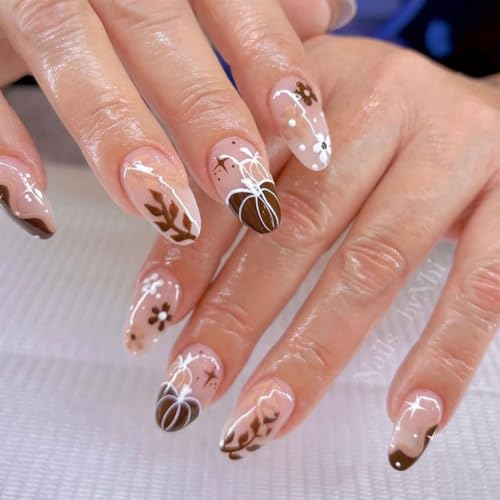 Fall Medium Almond Press On Nails Brown Pumpkin Fake Nails - color: Halloween26-Brown-14