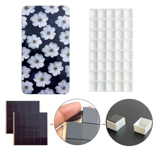 FCLUB Metal Watercolor Palette with 40Pcs Empty Half Pans and Magnet Strip - color: White Flower, size: Pack of 40 Half Pans