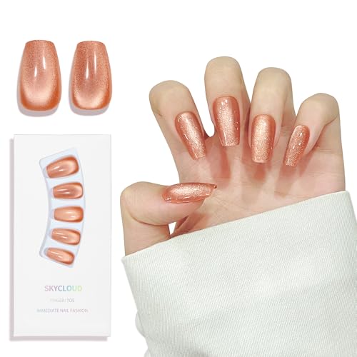 Brown Cat Eyes Press On Nails,12 Sizes-24 Pcs Soft Gel Light Brown Medium Coffin Fake Nails Kit with Nail Glue, Natural Reusable Stick On False Nails for Women and Girls (Skycloud Brown Nails) SK0826 - color: SK0826-Brown