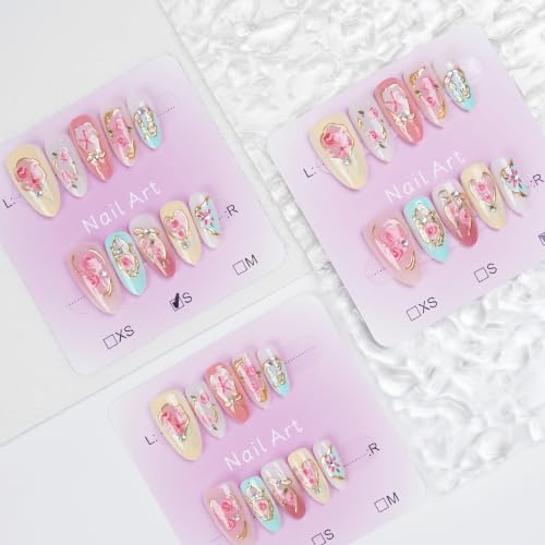 30Pcs Pink Press on Nails Medium Almond Fake Nails with 3D Flower Rhinestone Bow Design Rose Tulip Gold Gilding False Nail Pink Flower Full Cover Acrylic Nail Glossy Cute Floral Glue on Nail for Women - color: rose diamond bow
