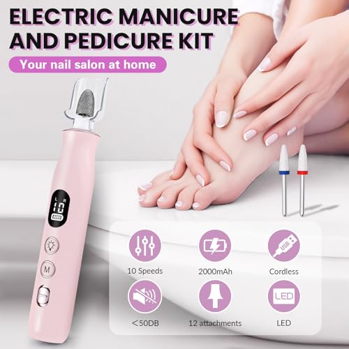 Electric Nail Drill Cordless 2000 mAh Rechargeable Portable Nail File Drill - color: Pink