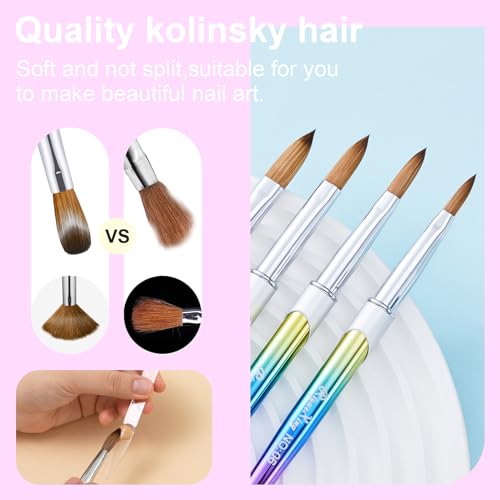 4PCS Acrylic Nail Brush Set, 6/8/12/16. Kolinsky Nail Art Brushes for Application, Sturdy Handle Oval Shaped Acrylic Powder Nails Design Tools for Professional Manicure DIY - color: Gradient, size: 4PCS