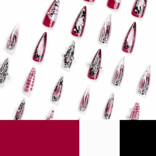 MISUD Press on Nails - Long Stiletto Glue on Nails with Goth Red Black, Acrylic Gothic Corss Design 24 pcs - color: 02301Black&Red