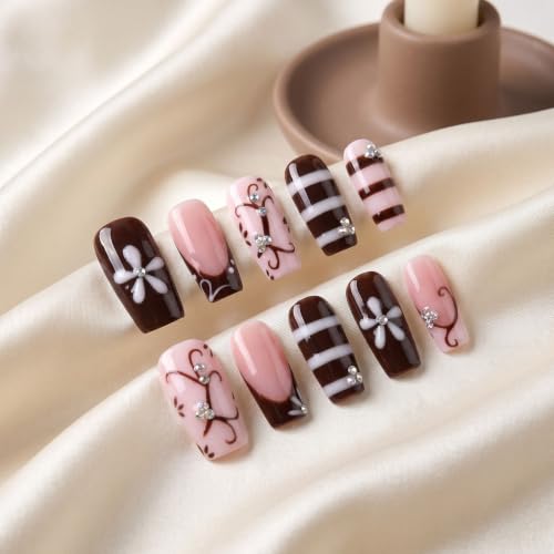 Handmade Press on Nails,Medium Coffin Flower Striped Fake Nails - color: style13