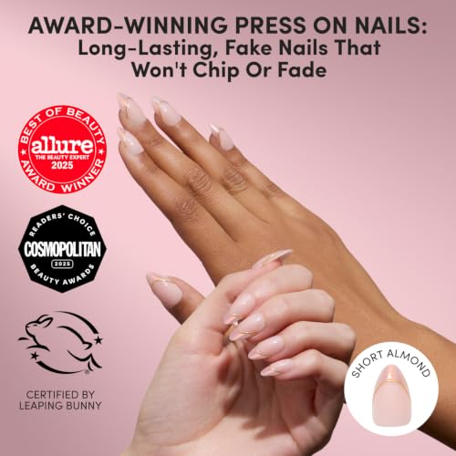 Glamnetic Press On Nails - Short Almond Chrome Fake Nails 30 Pc Full Kit - color: Heavenly Touch - Gold Foil French Tip