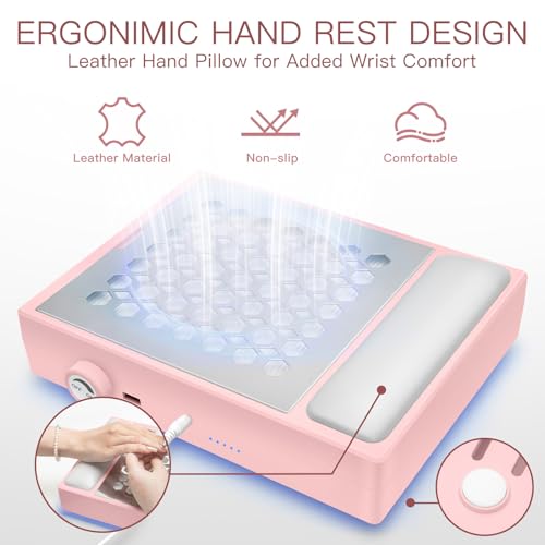 Madenia Powerful Nail Dust Collector - Brushless Quiet Vacuum Suction Fan Extractor with Hand Pillow 2 Filters 1 Brush, Nail Dust Cleaner Machine for Acrylic Gel Nail Polishing Nail Tech Use, Pink