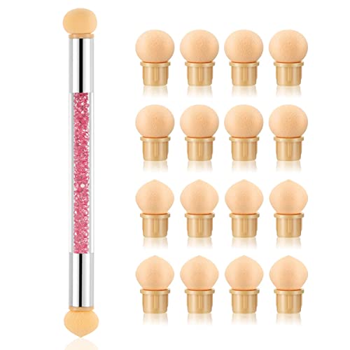 1pc Nail Sponges Pen, Ombre Nail Brushes, Double Head Nail Art Brush, Manicure Brush Nail Art Tools for Salon DIY with 16Pcs Replaceable Sponge Heads (Pink) - color: pink, white