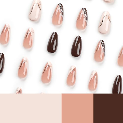 MISUD Press on Nails - Medium Almond Glue on Nails with Fall Brown, Acrylic Autumn Leaf Design 24 pcs - color: 11214Brown