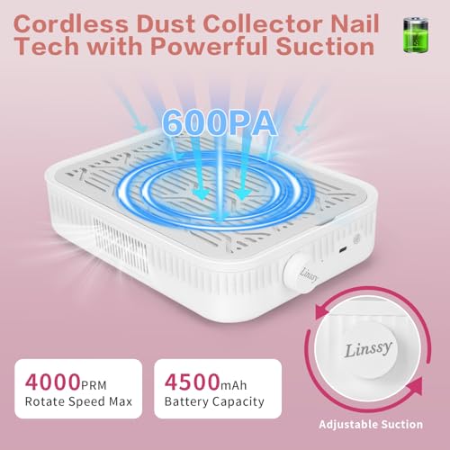 Linssy Rechargeable Nail Dust Collector, 4000RPM HEPA Filter for Acrylic