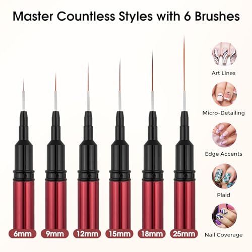 Nail Art Brushes, Nail Liner Brushes, 6Pcs Fine Nail Art Brushes - color: Black