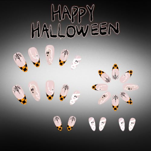 Halloween Almond Press On Nails Medium Nude Fake Nails French False Nail - color: Style C007, size: Medium