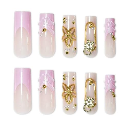 Long Square Press on Nails 3D Flower Fake Nail 24Pcs - color: 38