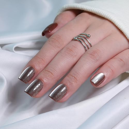 Taupe Brown Press On Nails Square – Short Cat Eye Fake Nails 30PCS - color: M10-Taupe-Brown
