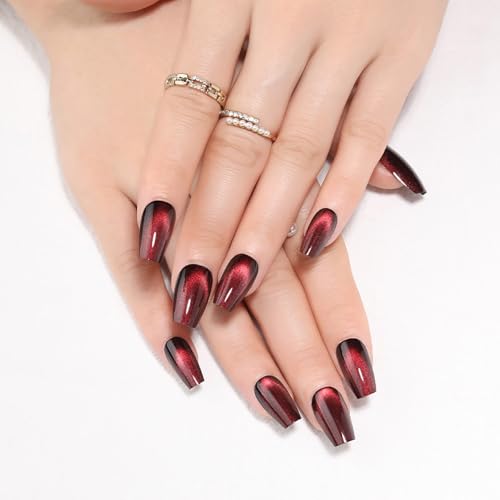 Burgundy Cat Eye Press On Nails Medium Coffin, Wine Red Glossy Fake Nails, Reusable Acrylic Glue On Nails for Women, Salon Quality Press Ons for Work, Party, Date Night and Gift, 32 Pcs - color: C2-Midnight Blaze