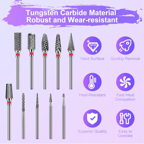Diesisa 10Pcs Nail Drill Bits Set:Tungsten Carbide Nail Bits for Nail Drill - color: Red-10Drill Bits