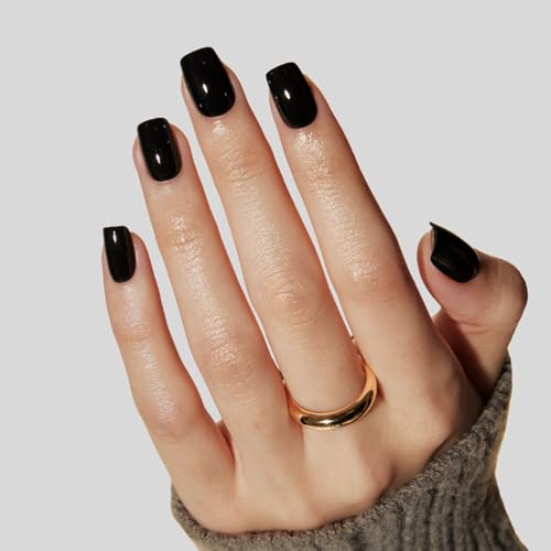 LAMIMOSA 32Pcs Press On Nails Short Square, Black Fake Nails, MIDNIGHT - color: MIDNIGHT