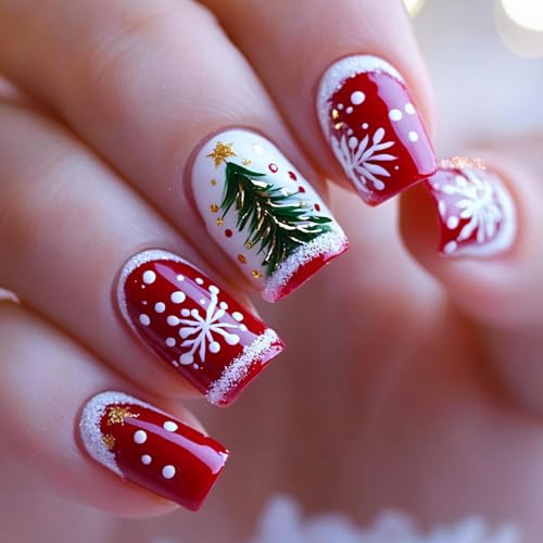 24 Pcs Christmas Press on Nails Xmas Trees & Snowflake Fake Nails with Design Winter Snowflake False Nail Glossy Red Full Cover Christmas Artificial Stick on Nails Art for Women DIY Nail - color: Style 45